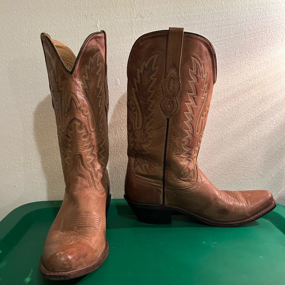 Old West Tan Leather Cowboy Boots